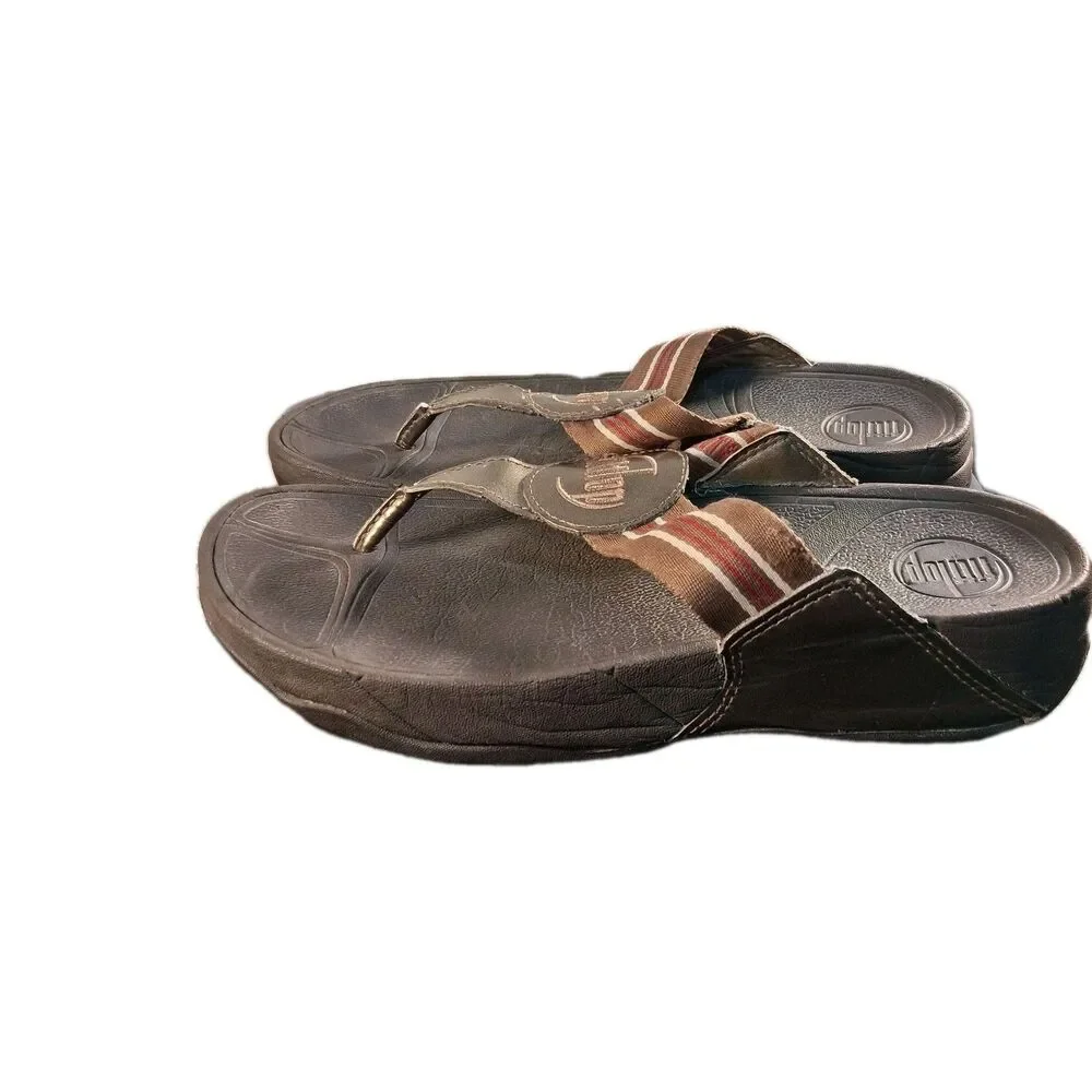 Women's FitFlop Brown Stripe Thong Webbing Leather Sandal Women's Size 8
